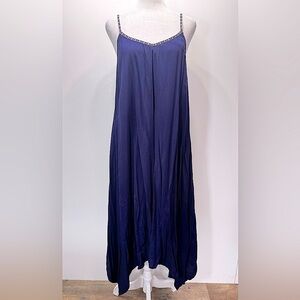 Navy Blue Dress Asymmetric Handkerchief Hem Boho Strap Slip by She + Sky Hippie
